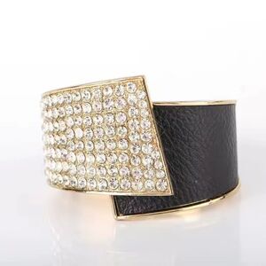 Brand New Gold Tone With Black & Rhinestone Bangle Bracelet